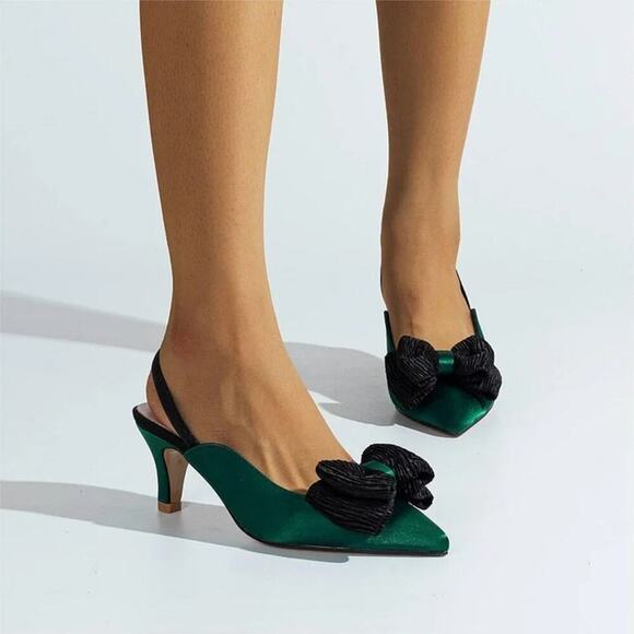 FSJ Green Satin Pointed Toe Low Heel Black Bow Slingback Pump Heels Size 7 - Picture 3 of 11